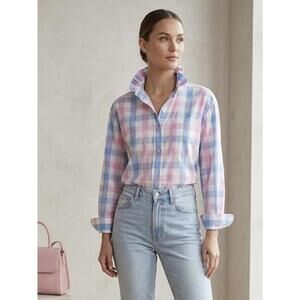 Upcycled Vineyard Vines Pastel Pink and Blue Plaid Button-Up with Ruffled Collar